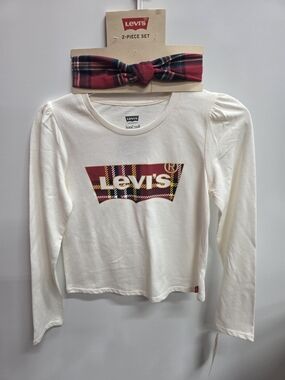 Levi's Cream Long-Sleeve Tee with Red Plaid Logo & Headband